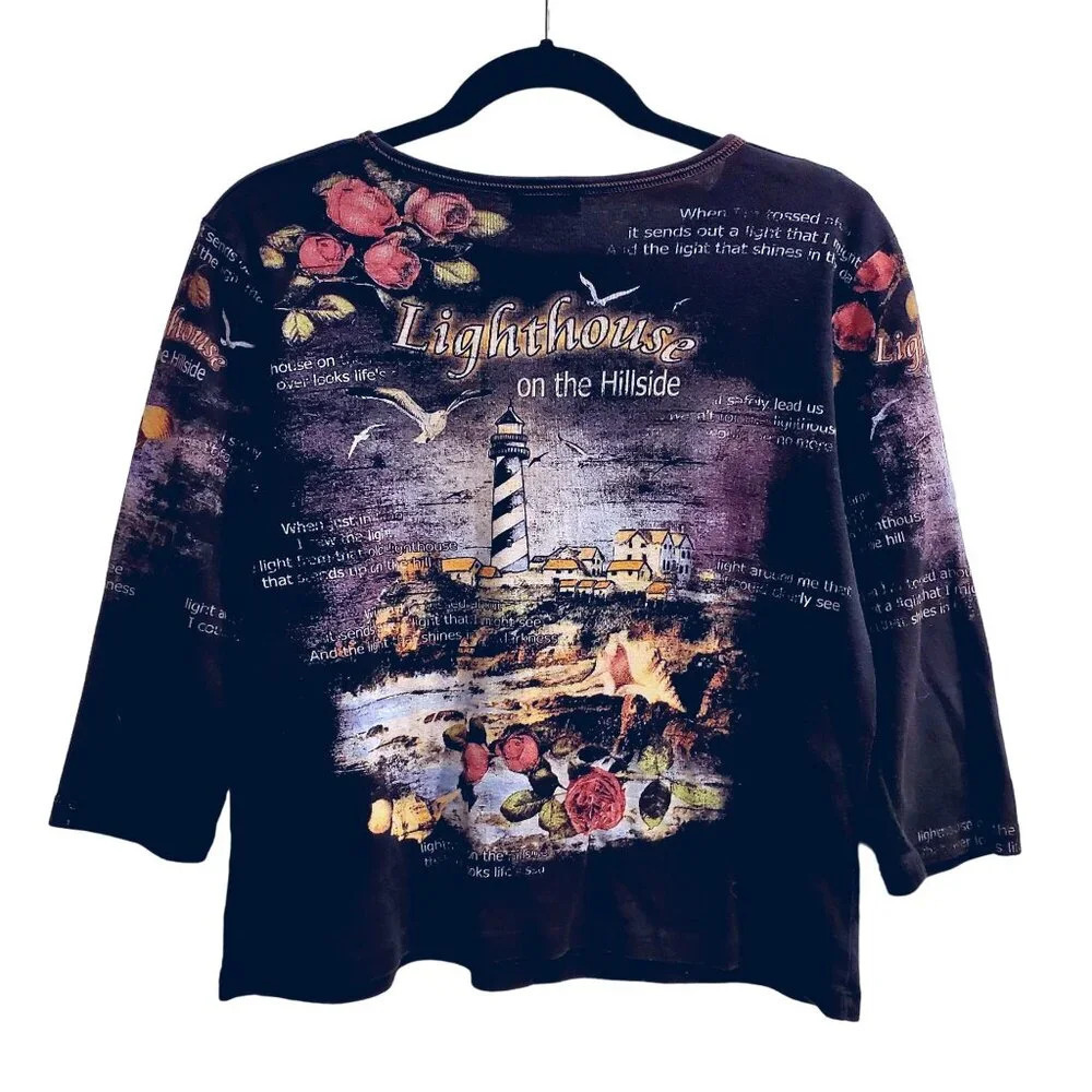 Flower & Ring Black Pink Gray Lighthouse Crystal Graphic Boutique Sweater Top XL